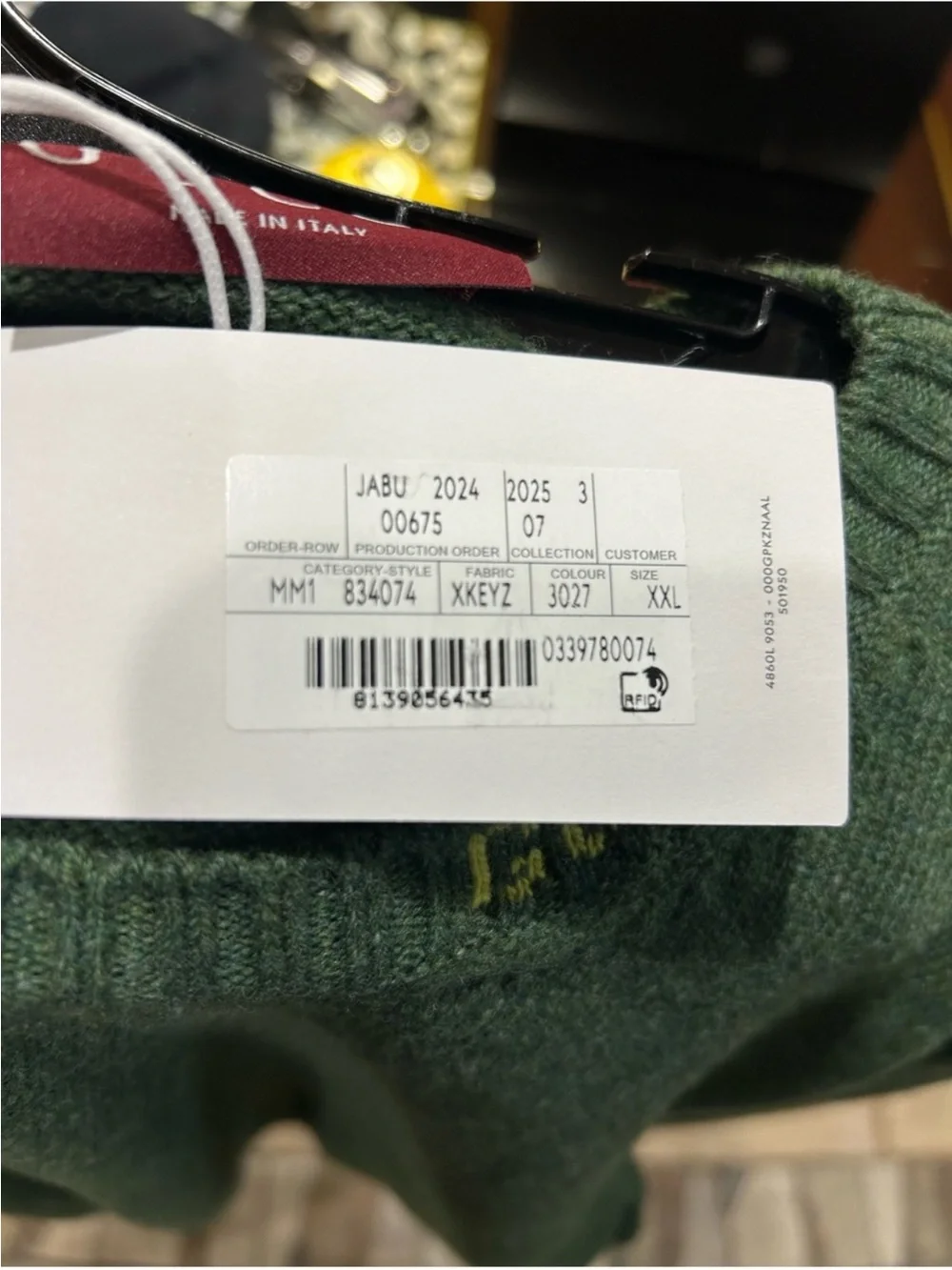 Men’s Gucci, green felted wool crewneck gold logo sweater size XXL made in Italy